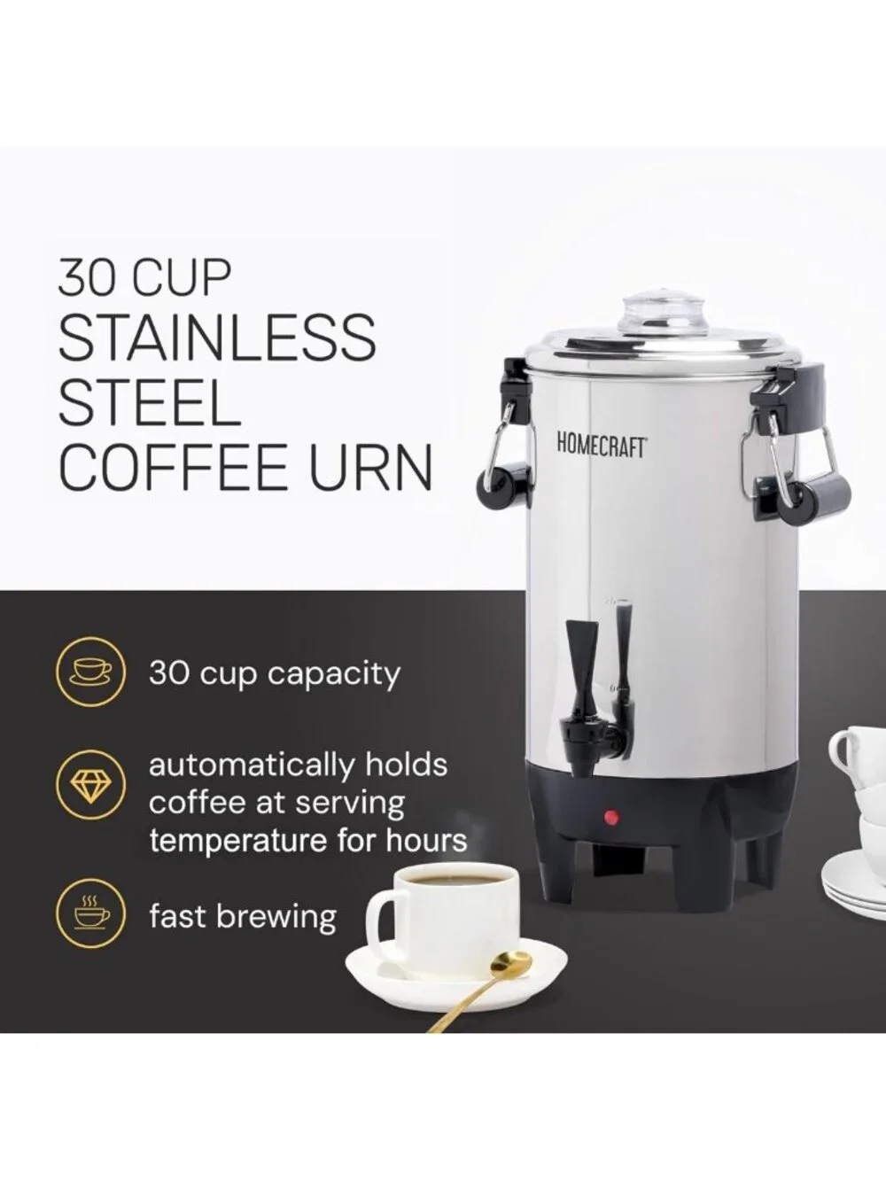 30-Cup Stainless Steel Coffee Urn - Quick-Brewing Double Faucet for Espresso